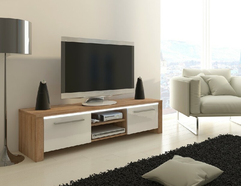 TV stolík/skrinka Helix (sonoma svetlá + lesk biely) (s bielym osvetlením) *výpredaj