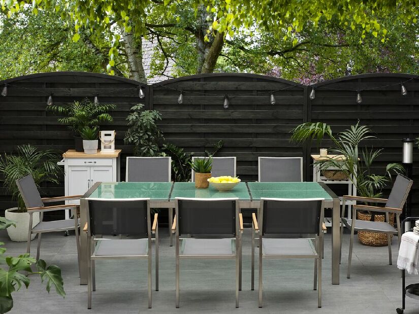 Záhradná jedálenská sada Grosso (tmavosivá) (sklenená doska 220x100 cm) (šedé stoličky)