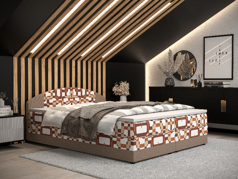 Manželská posteľ Boxspring 180 cm Orlando (vzor + svetlohnedá) (s matracom a úložným priestorom)