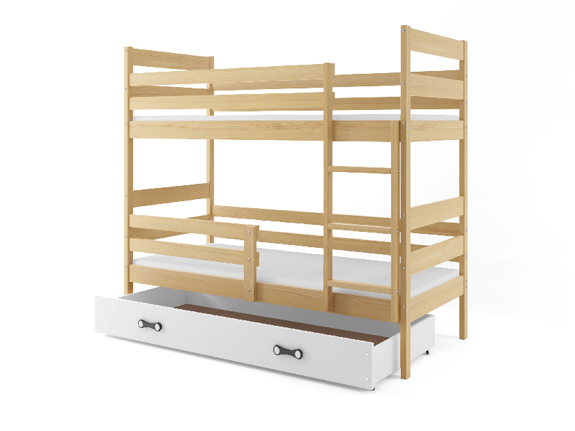 Poschodová posteľ 80 x 190 cm Eril B (borovica + biela) (s roštami, matracmi a úl. priestorom)