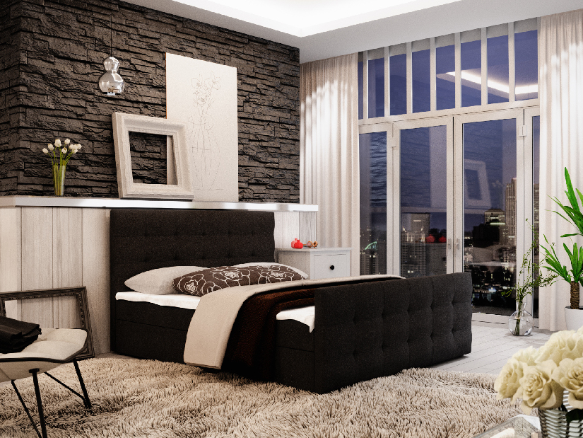 Manželská posteľ Boxspring 140 cm Milagros Comfort 2 (čierna) (s matracom a úložným priestorom)