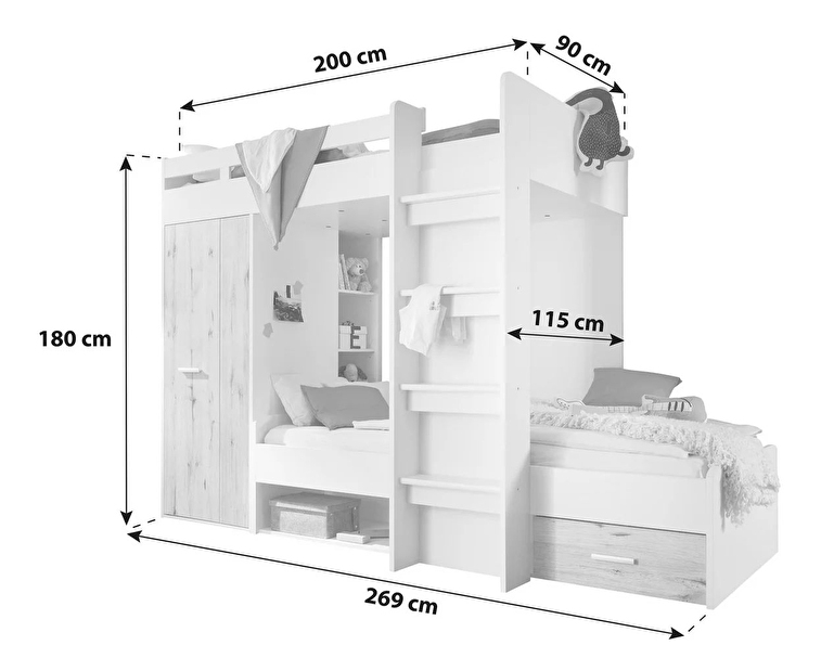 Detská poschodová posteľ 90 cm Mathers (biela + svetlosivá)