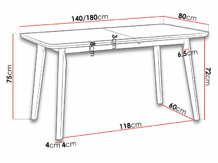 Stôl 80 x 140+180 VII (biela) (čierna)