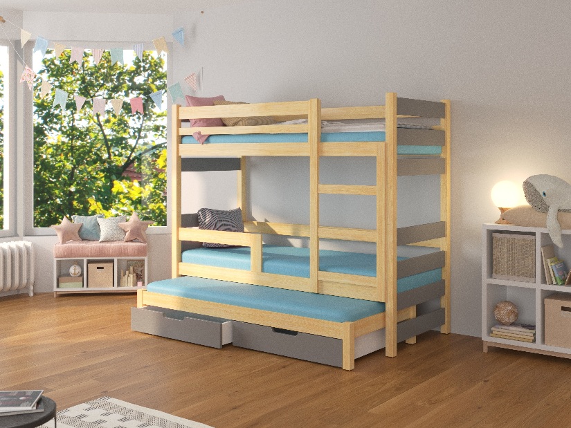 Poschodová detská posteľ 180x75 cm Karin (s roštom a matracom) (borovica + sivá)