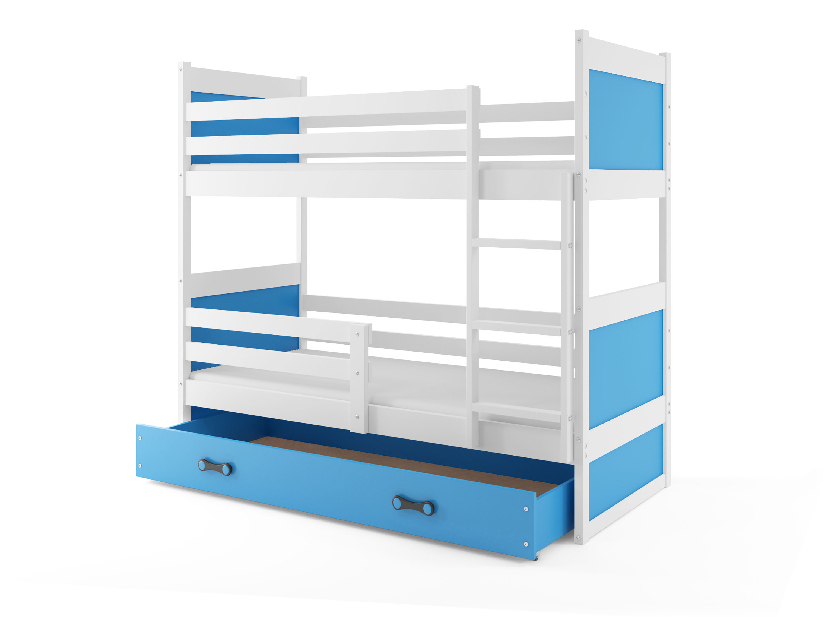 Poschodová posteľ 90 x 200 cm Ronnie B (biela + modrá) (s roštami, matracmi a úl. priestorom)