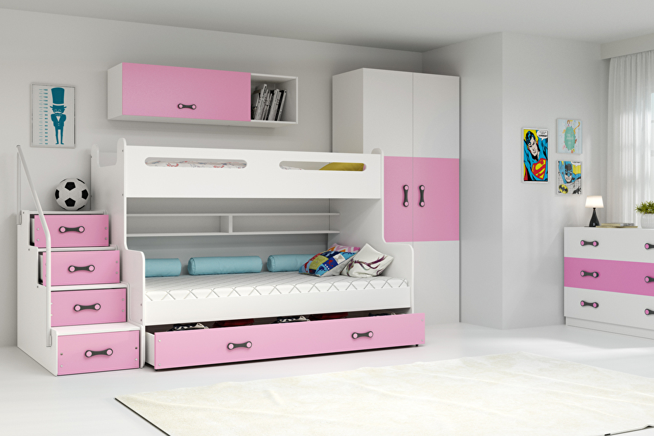 Poschodová posteľ 120 x 200 cm Moxxo 3 (biela + ružová) (s roštami, matracmi a úl. priestorom)
