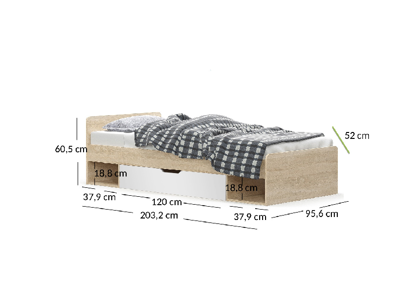 Jednolôžková posteľ 90 cm Terrell (dub sonoma + biela) (bez roštu a matraca)