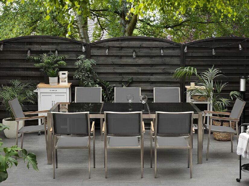 Záhradná jedálenská sada Grosso (čierna + grafit) (šedé stoličky) (pre 8 osôb) (kameň)