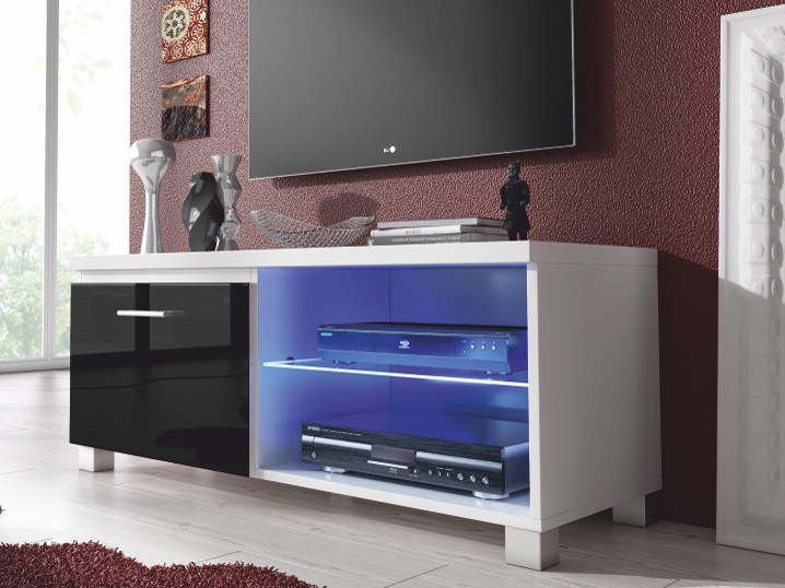 TV stolík/skrinka Lugo 1 (biela + extra vysoký lesk čierny) (s osvetlením)