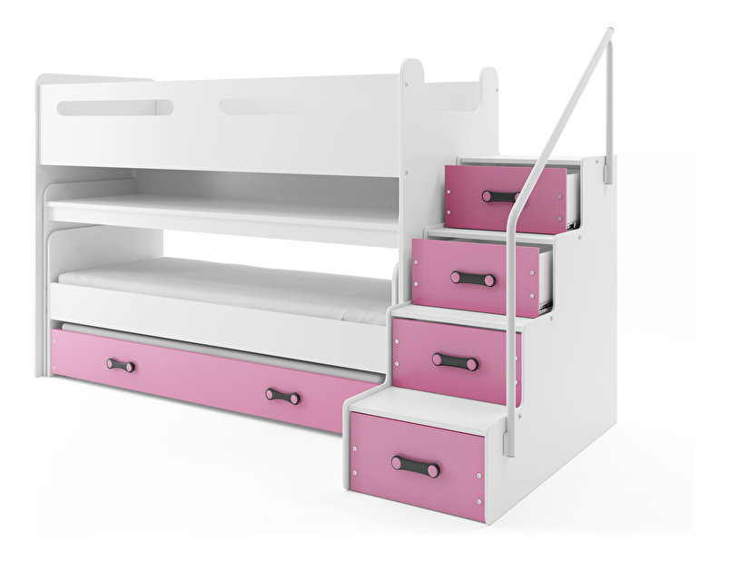 Poschodová posteľ 80 x 200 cm Moxxo 1 (biela + ružová) (s roštami, matracmi a úl. priestorom)