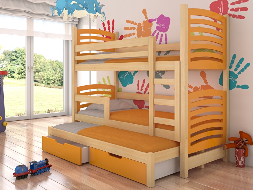 Poschodová detská posteľ 180x75 cm Stanislava (s roštom a matracom) (borovica + oranžová)