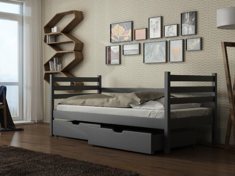 Detská posteľ 90 x 200 cm Marisa (s roštom a úl. priestorom) (grafit)