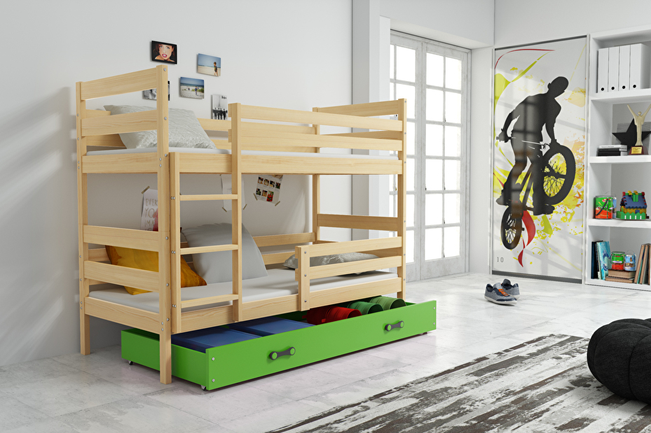 Poschodová posteľ 80 x 160 cm Eril B (borovica + zelená) (s roštami, matracmi a úl. priestorom)