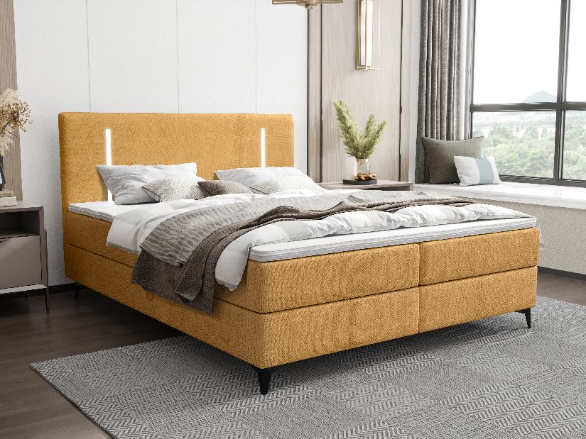 Manželská posteľ 200 cm Ortega Comfort (horčicová) (s roštom a matracom, s úl. priestorom) (s LED osvetlením)
