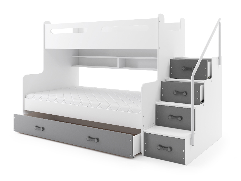 Poschodová posteľ 120 x 200 cm Moxxo 3 (biela + grafit) (s roštami, matracmi a úl. priestorom)
