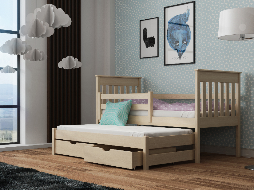 Detská posteľ 90 x 200 cm TOYA (s roštom a úl. priestorom) (borovica)