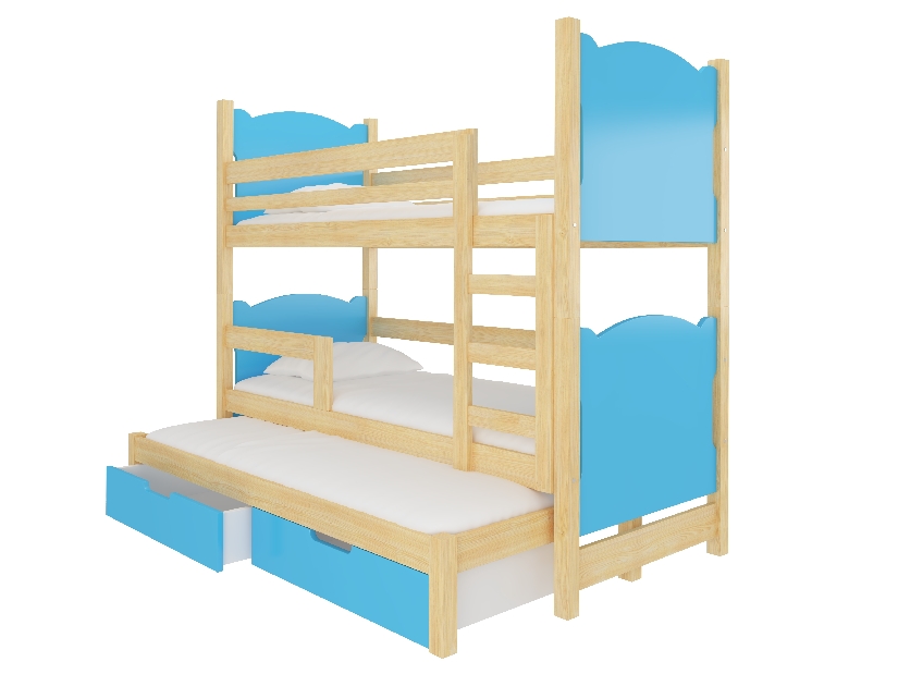 Poschodová detská posteľ 180x75 cm Lukrécia (s roštom a matracom) (borovica + modrá)
