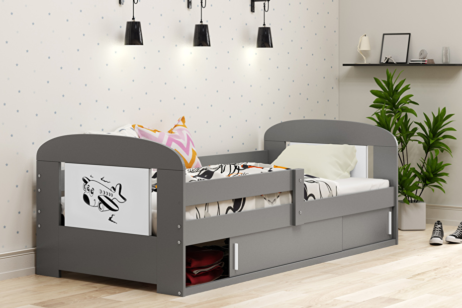 Detská posteľ 80 cm Fimmo (grafit + lietadlo) (s roštom, matracom a úl. priestorom)