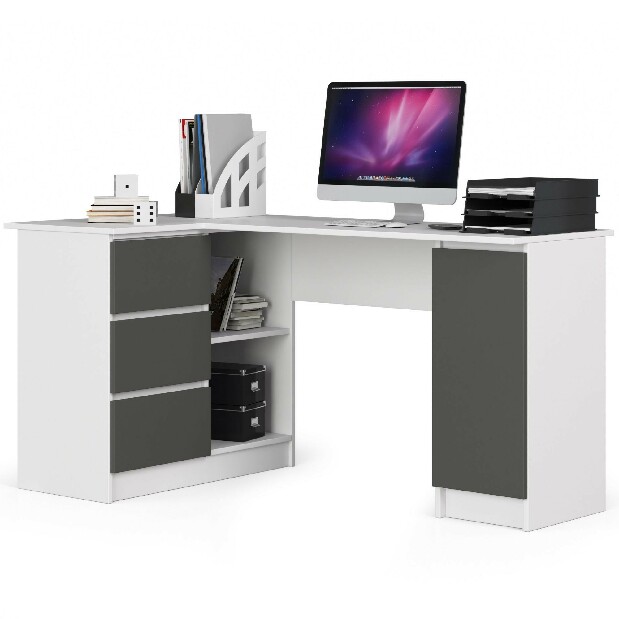 Rohový PC stolík Bevin (biela + sivá) (L)