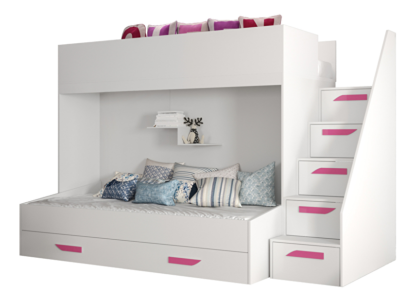 Detská kombinovaná posteľ 90 cm Puro 16 (matná biela + biely lesk + ružové úchytky)