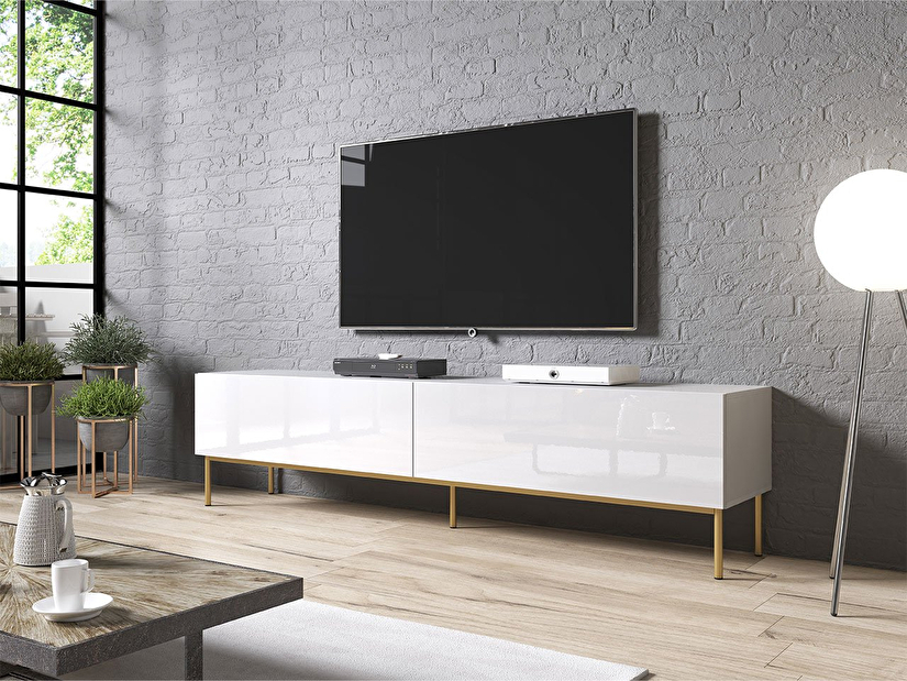 TV skrinka/stolík 200 s kovovým rámom Mirjan Kody (Biely + Biely lesk + Zlatá)