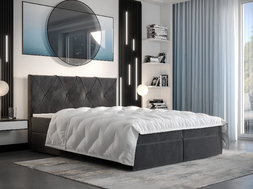 Manželská posteľ Boxspring 160 cm Athena Comfort (tmavosivá) (s matracom a úložným priestorom)
