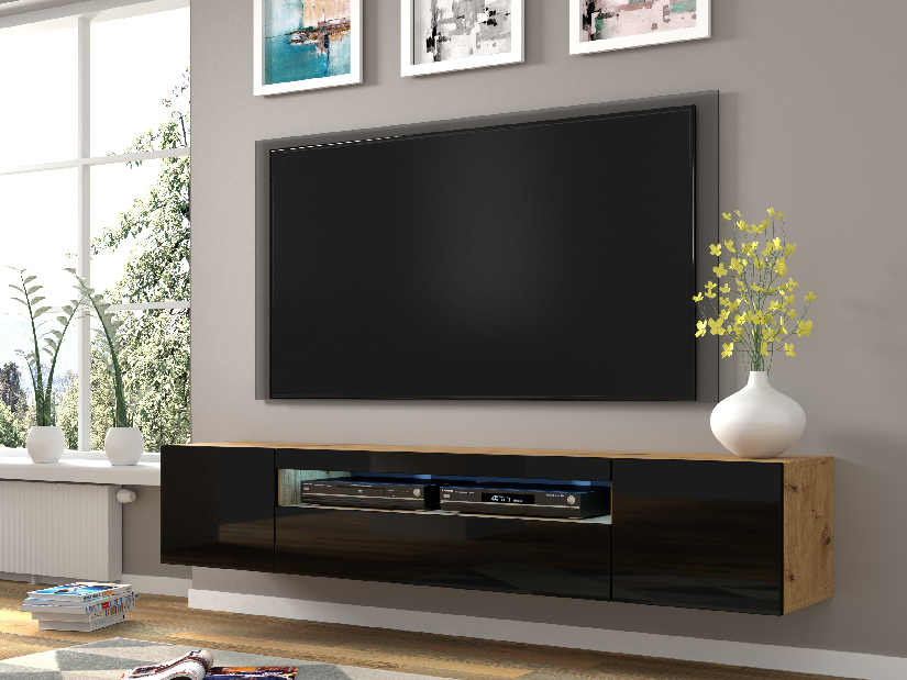 TV stolík/skrinka Aurora 200 (dub artisan + čierna) (LED)