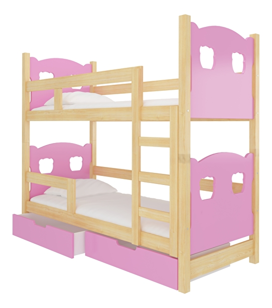 Poschodová detská posteľ 180x75 cm Marryann (s roštom a matracom) (borovica + ružová)