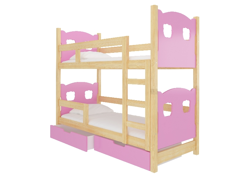 Poschodová detská posteľ 180x75 cm Marryann (s roštom a matracom) (borovica + ružová)