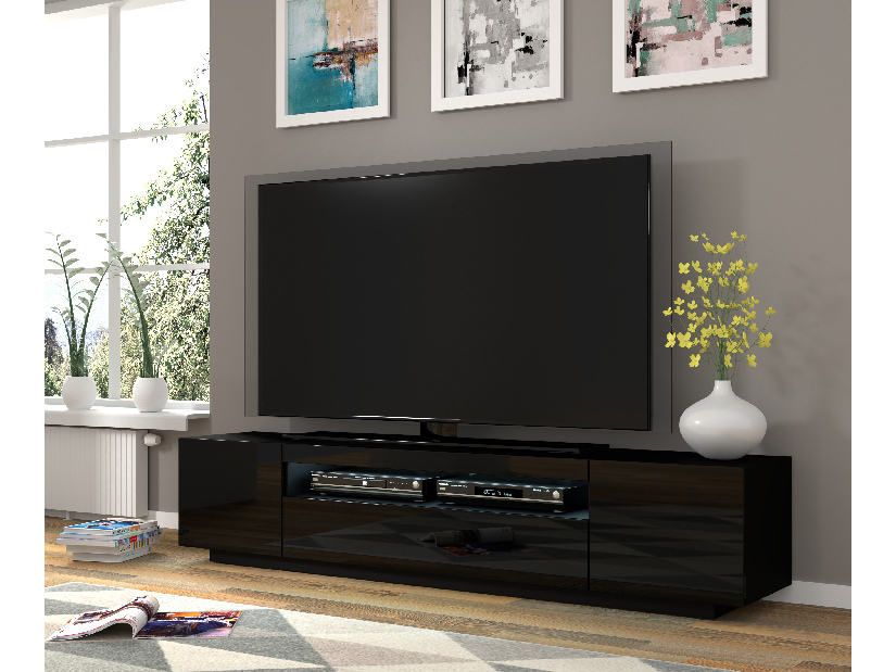 TV stolík/skrinka Aurinko 200 (lesklá čierna) (s osvetlením)