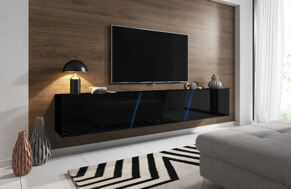 TV stolík/skrinka Savanna 240 (čierna matná + čierny lesk) (s osvetlením)