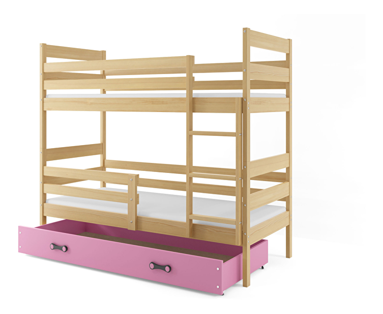 Poschodová posteľ 80 x 190 cm Eril B (borovica + ružová) (s roštami, matracmi a úl. priestorom)