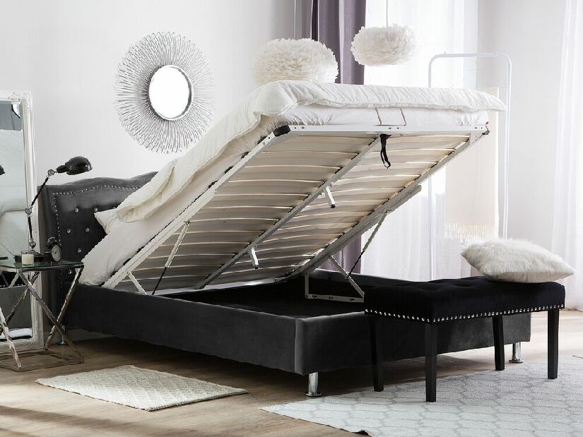 Manželská posteľ 160 cm MATH (s roštom a úl. priestorom) (tmavosivá zamatová)