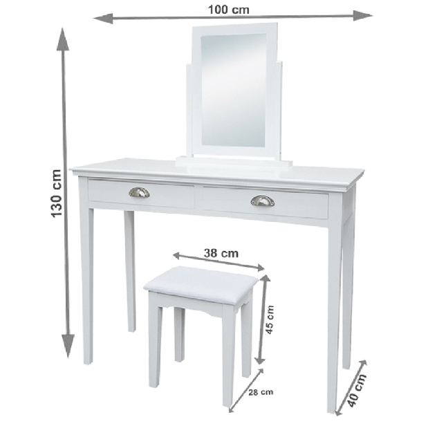 Toaletný stolík s taburetkou Rylan (biela)