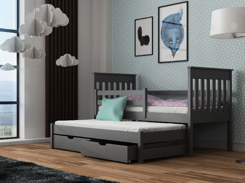 Detská posteľ 90 x 200 cm TOYA (s roštom a úl. priestorom) (grafit)