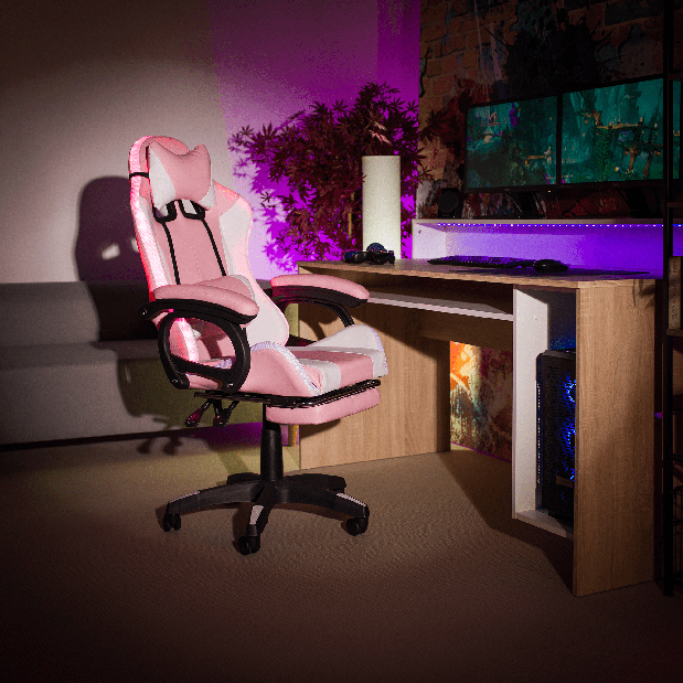 Kancelárske kreslo Juventa (s RGB LED osvietením) (ružová + biela)