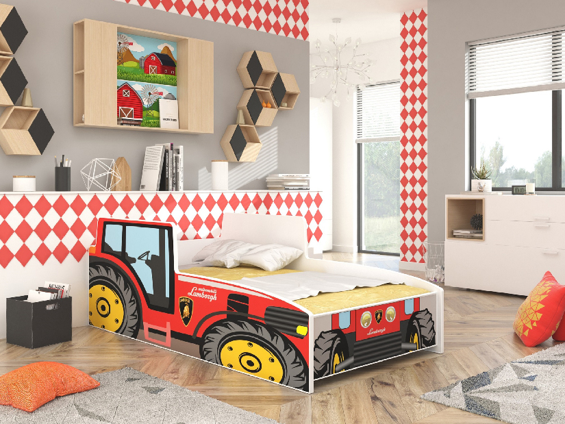 Detská posteľ 140x70 cm Traktorista (s roštom a matracom) (červená)