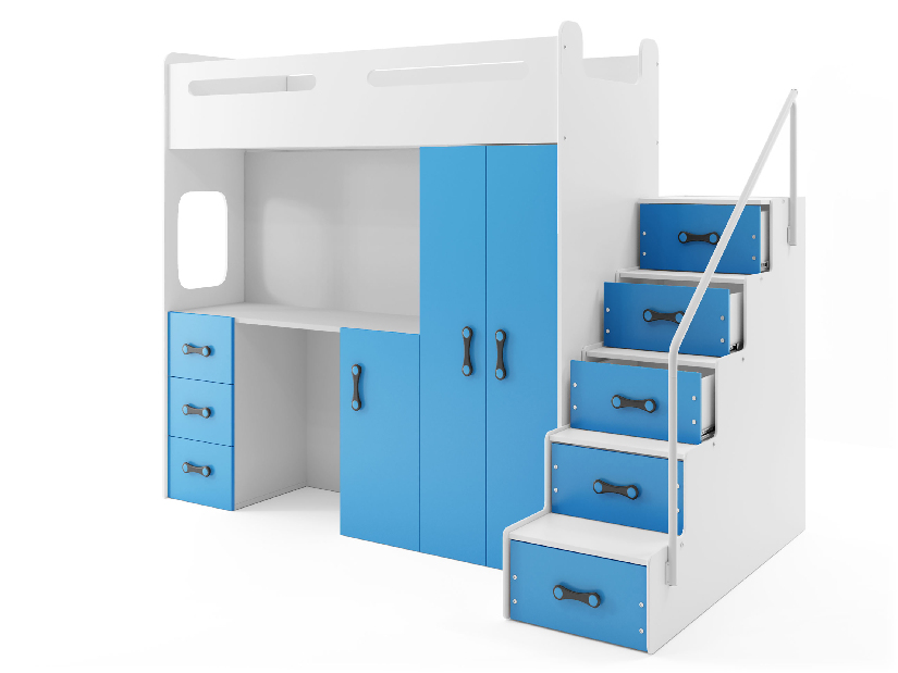 Poschodová posteľ 80 x 200 cm Moxxo 4 (biela + modrá) (s roštami, matracmi a úl. priestorom)