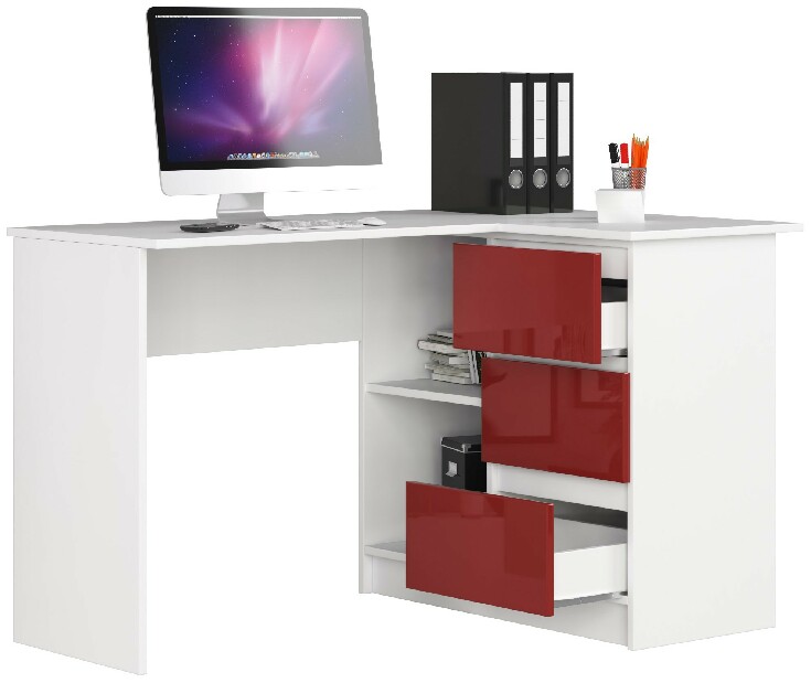 Rohový PC stolík Bodhi (biela + červený lesk) (P)