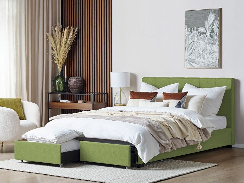 Manželská posteľ 180 cm Rhiannon (zelená) (s roštom a úložným priestorom)