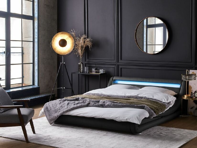 Manželská posteľ 140 cm AGINON (syntetická koža) (čierna) (s roštom, matracom a LED osvetlením)