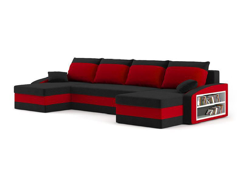 Rohová sedačka Savita (čierna + červená) (s poličkou a taburetkou) (P)