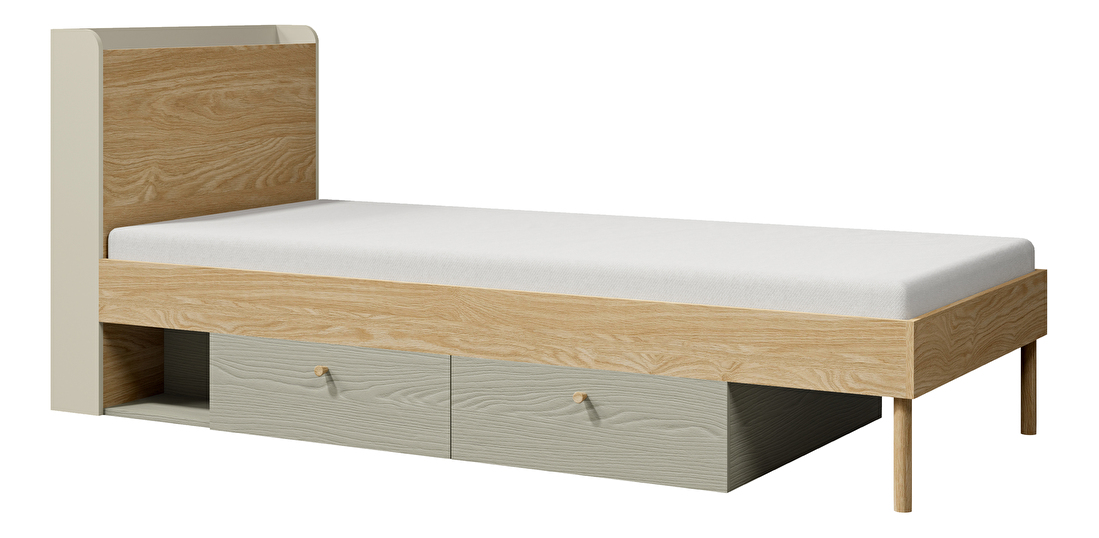 Jednolôžková posteľ 90x200 cm Yoda 13 (svetlobéžová + dub olejovaný + eukalyptus) (L)
