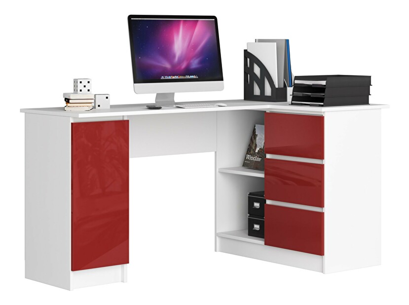 Rohový PC stolík Bevin (červený lesk) (P)
