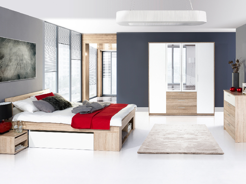 Manželská posteľ 160 cm Melinne 09 (dub sonoma 3D + biela) (s úl. priestorom a noč. stolíkmi)