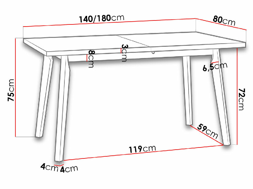 Stôl 80 x 140+180 V (dub grandson L) (čierna)