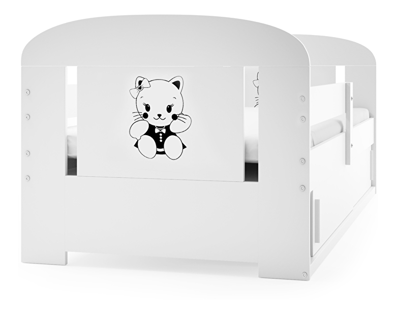 Detská posteľ 80 cm Fimmo (biela + mačička) (s roštom, matracom a úl. priestorom)