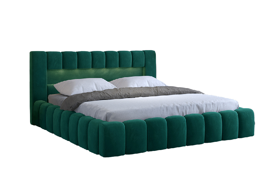 Manželská posteľ 140 cm Luxa (tmavozelená) (s roštom, úl. priestorom a LED)