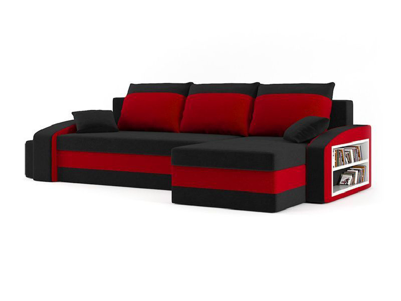 Rohová sedačka Hasina (čierna + červená) (s poličkou a taburetkou) (P)