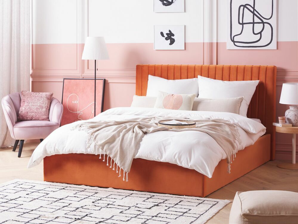 Manželská posteľ 160 cm Vakarine (oranžová) (s roštom a úložným priestorom)